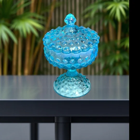 Vintage Fenton Blue Opalescent Glass Hobnail Footed Covered Candy Compote Dish